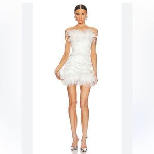 White Feather-Trim Off-Shoulder Mini Dress